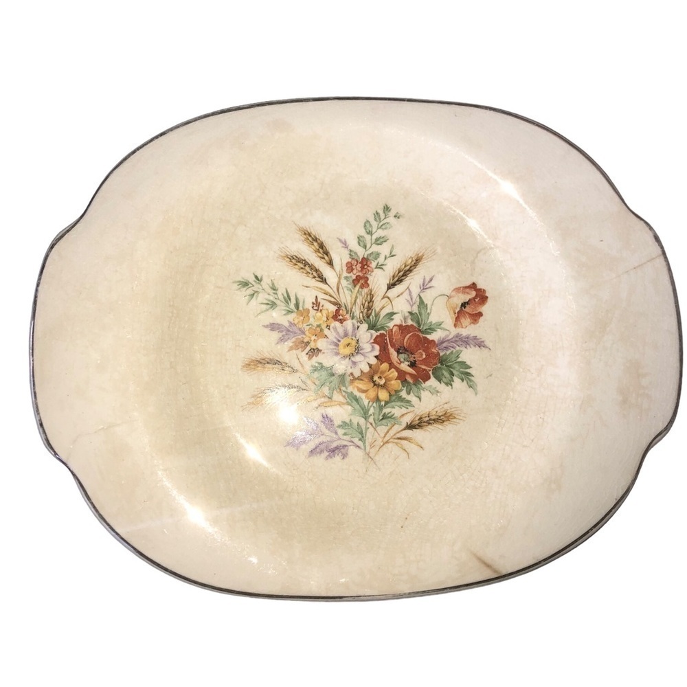 Vintage China floral Wheat Gold Serving Platter Fall Thanksgiving Dish Made USA